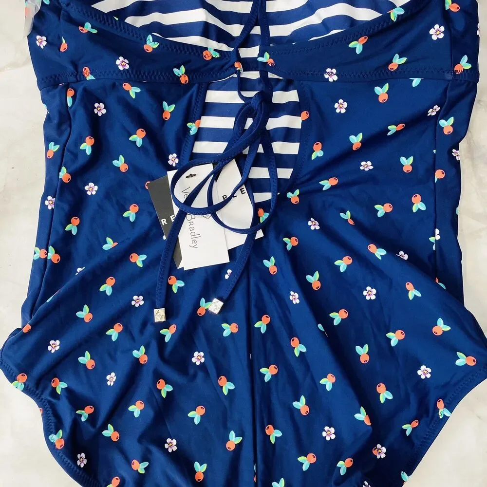 Vera Bradley Cabana Stripe So Sweet Whitney Reversible One Piece Swimsuit L Navy
